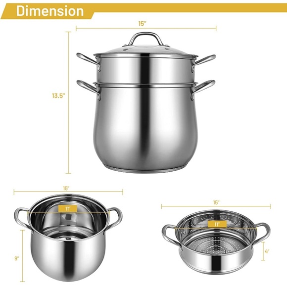 2-Layer Stainless Steel Steamer, 11” Cookware Steamer 15” x 11” x 13.5” - Picture 2 of 7